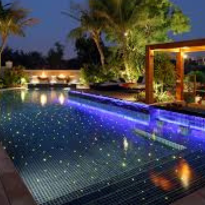 Modern pool and deck landscaping design in Dubai